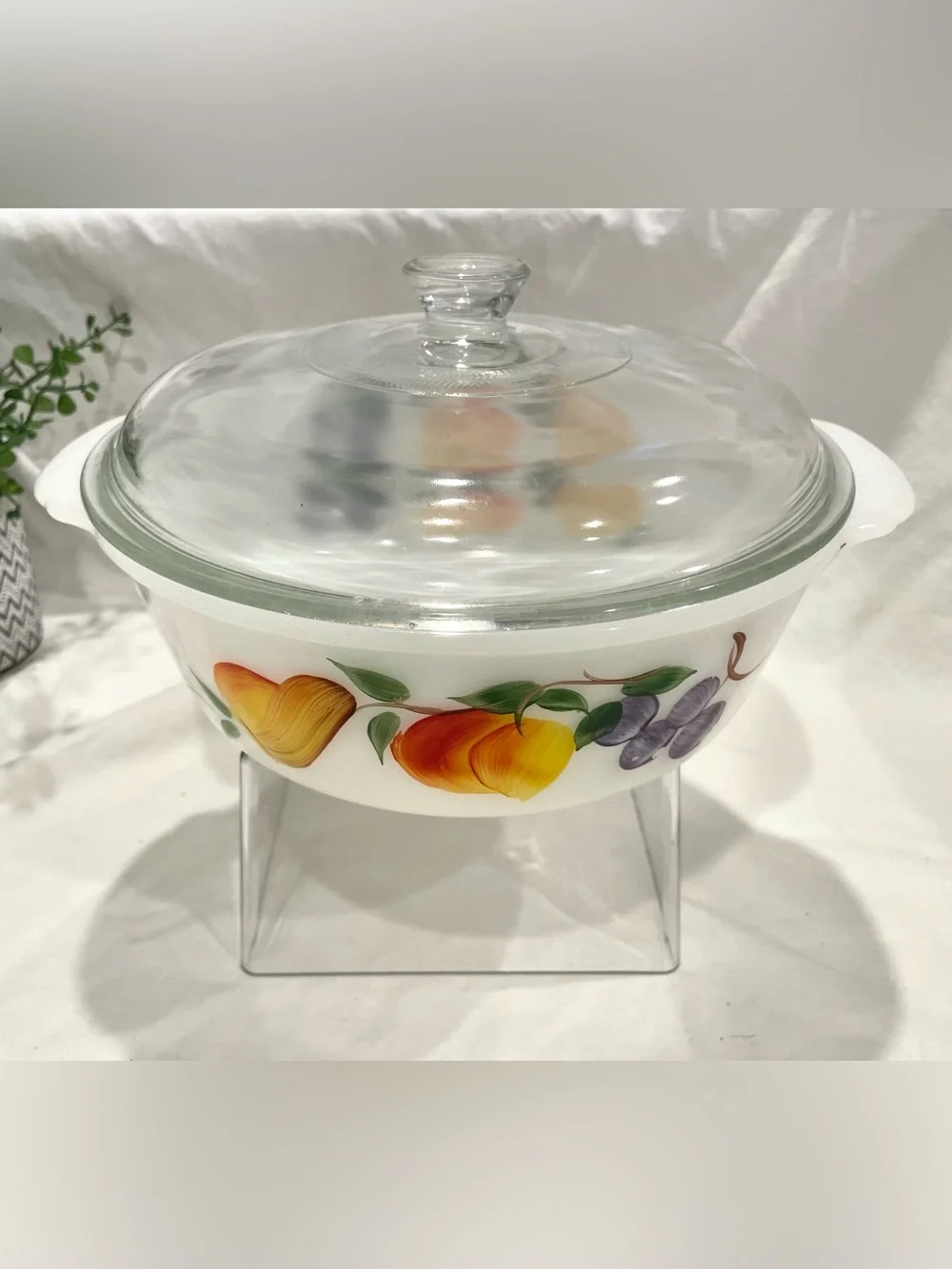Vintage Fire King Fruit Design Lidded Casserole Dish | Heavy | Hairline Crack